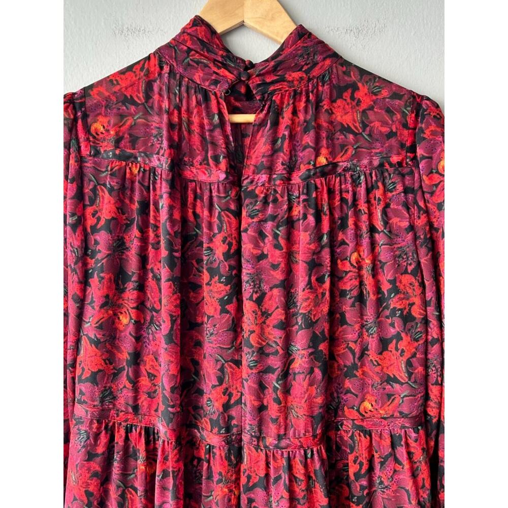 Cinq à Sept Drew High Neck Tiered Floral Mini Dress Red Black Size 12 - Picture 4 of 9